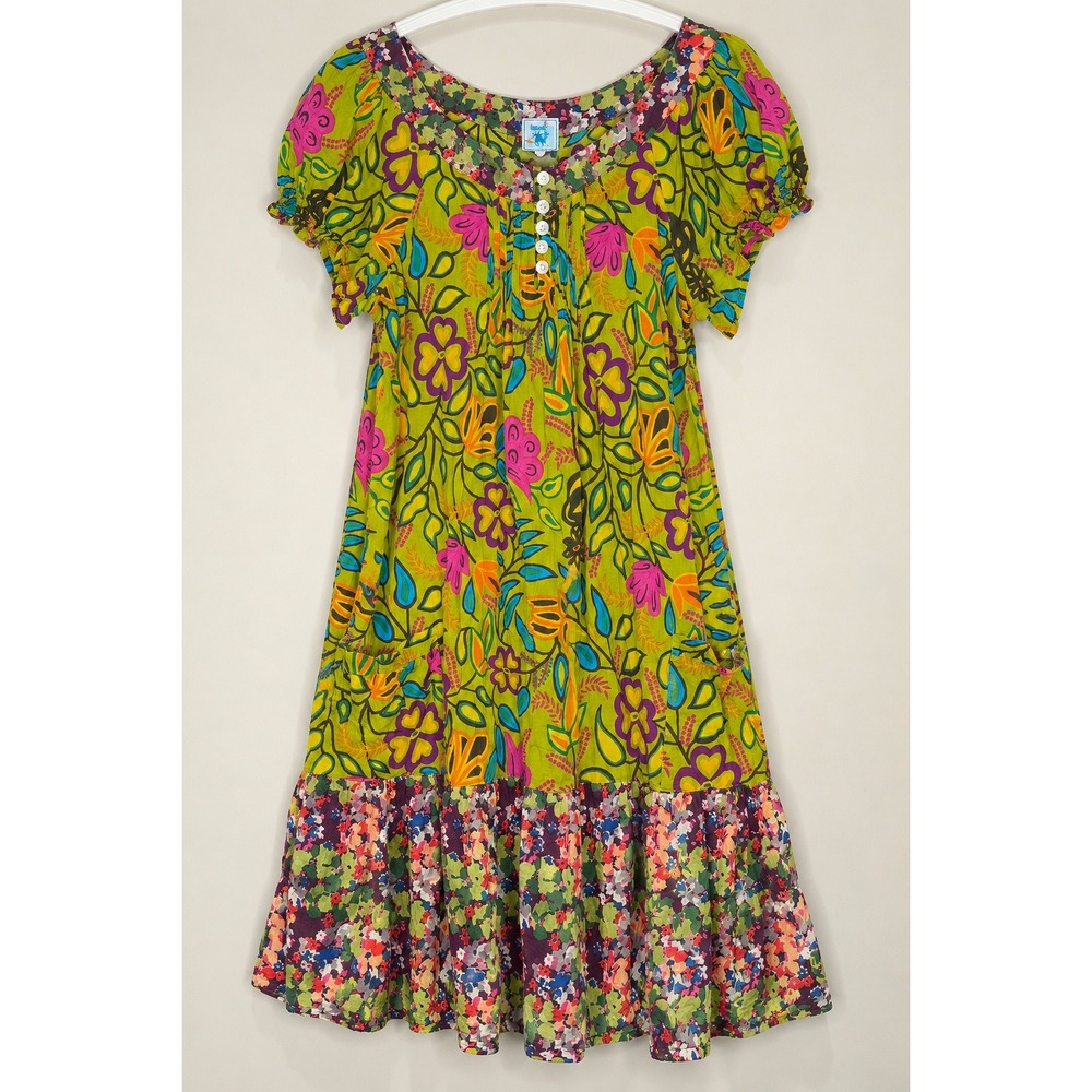 Karma Living Floral Mini Dress Green Boho Mixed Print Tiered Pockets Large